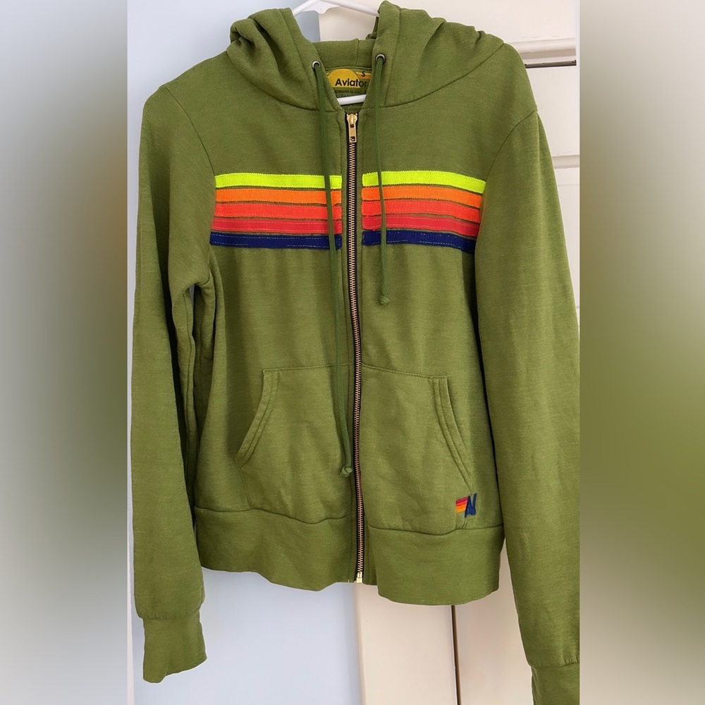 Aviator Nation green striped hoodie. Sz Small.